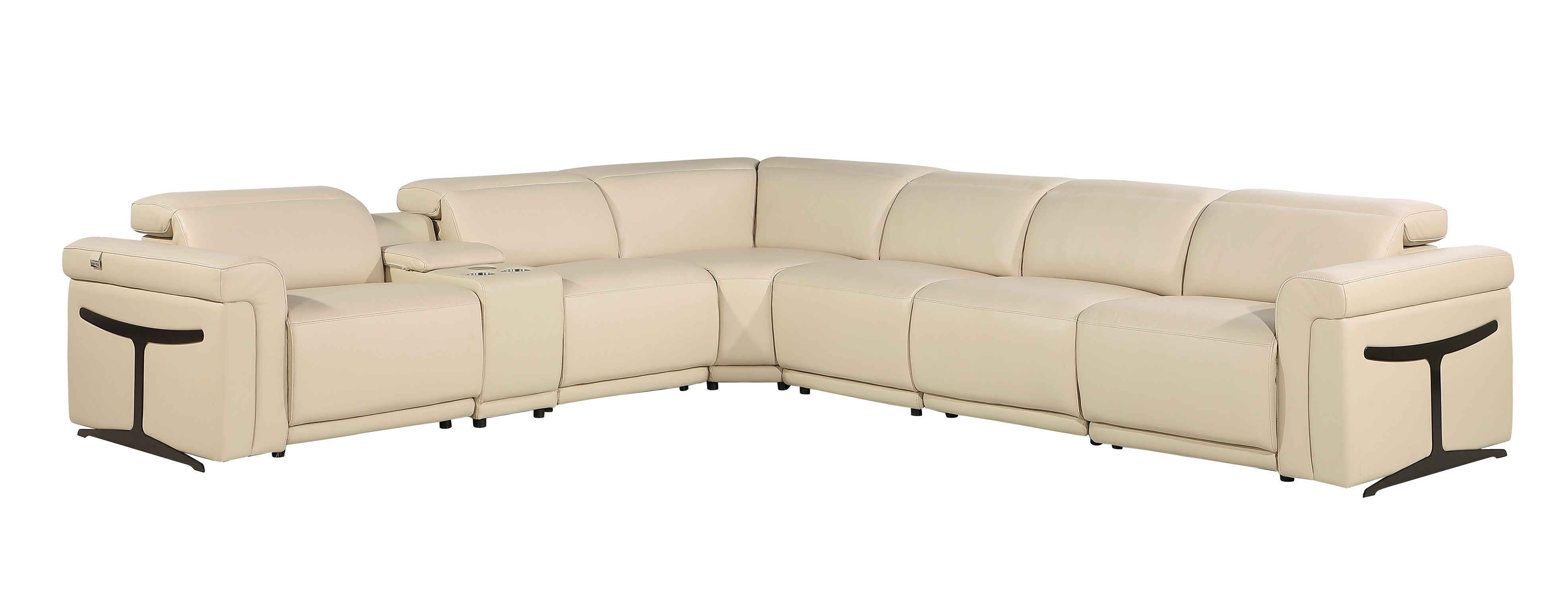 Beige Italian Leather Modular L Shaped Seven Piece Corner Sectional With Console