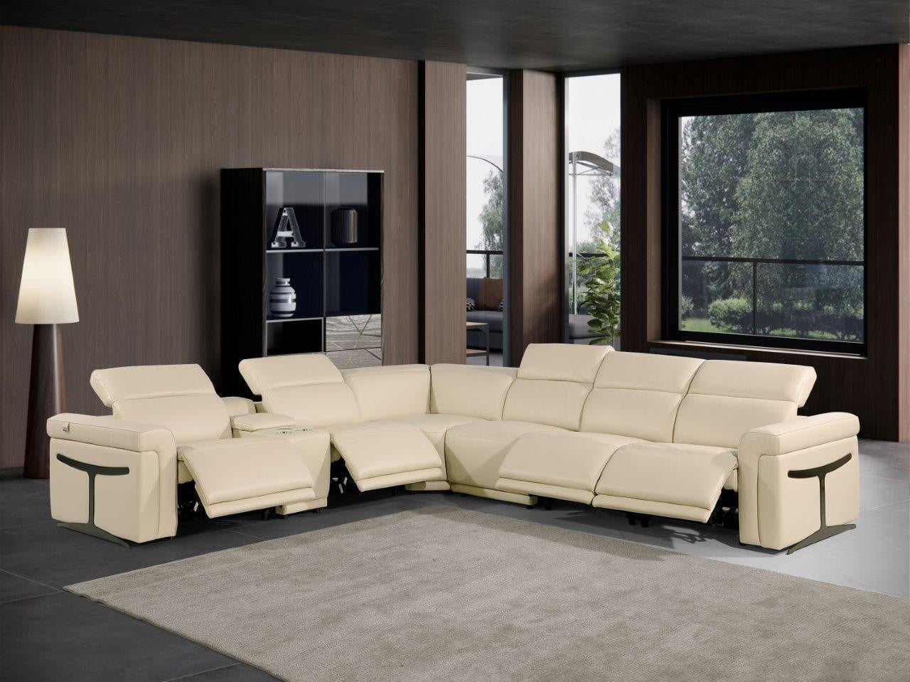 Beige Italian Leather Modular L Shaped Seven Piece Corner Sectional With Console