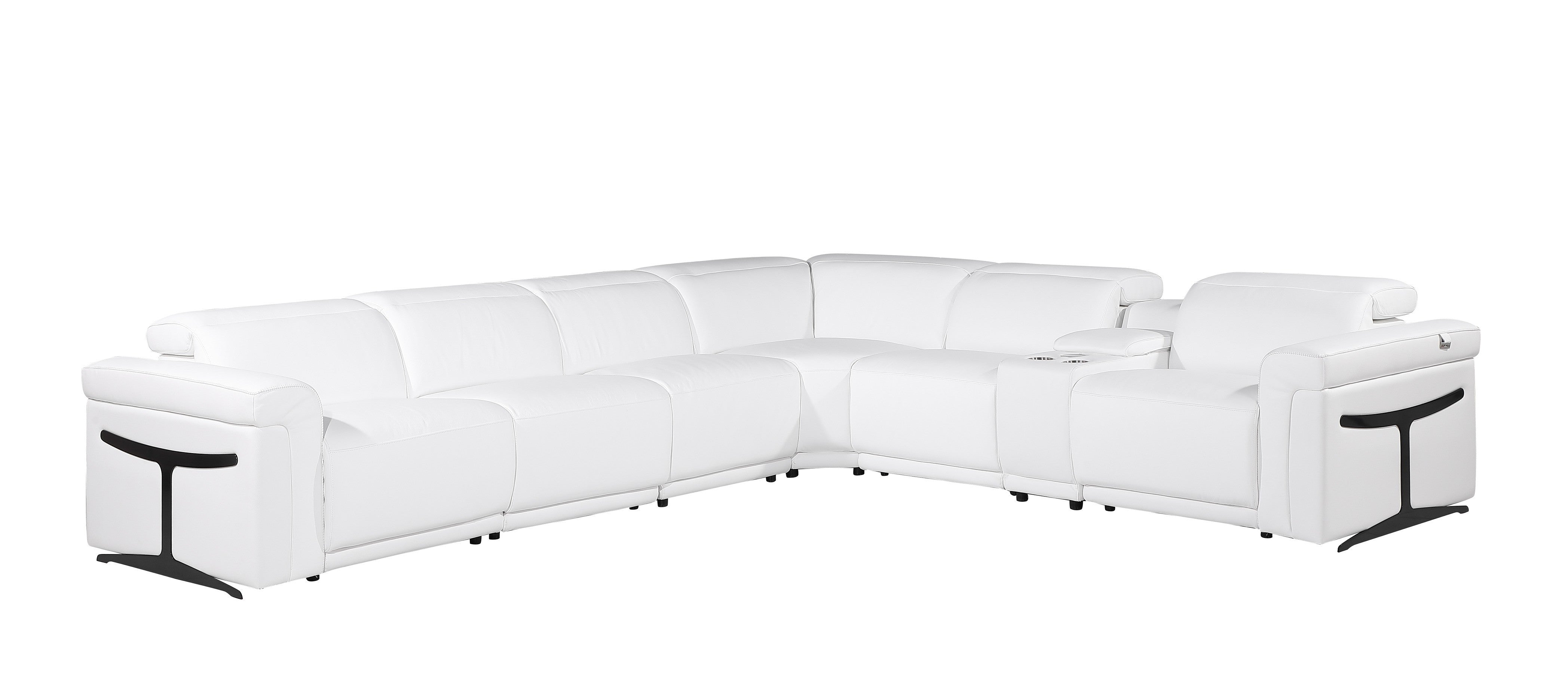 White Italian Leather Modular L Shaped Seven Piece Corner Sectional With Console