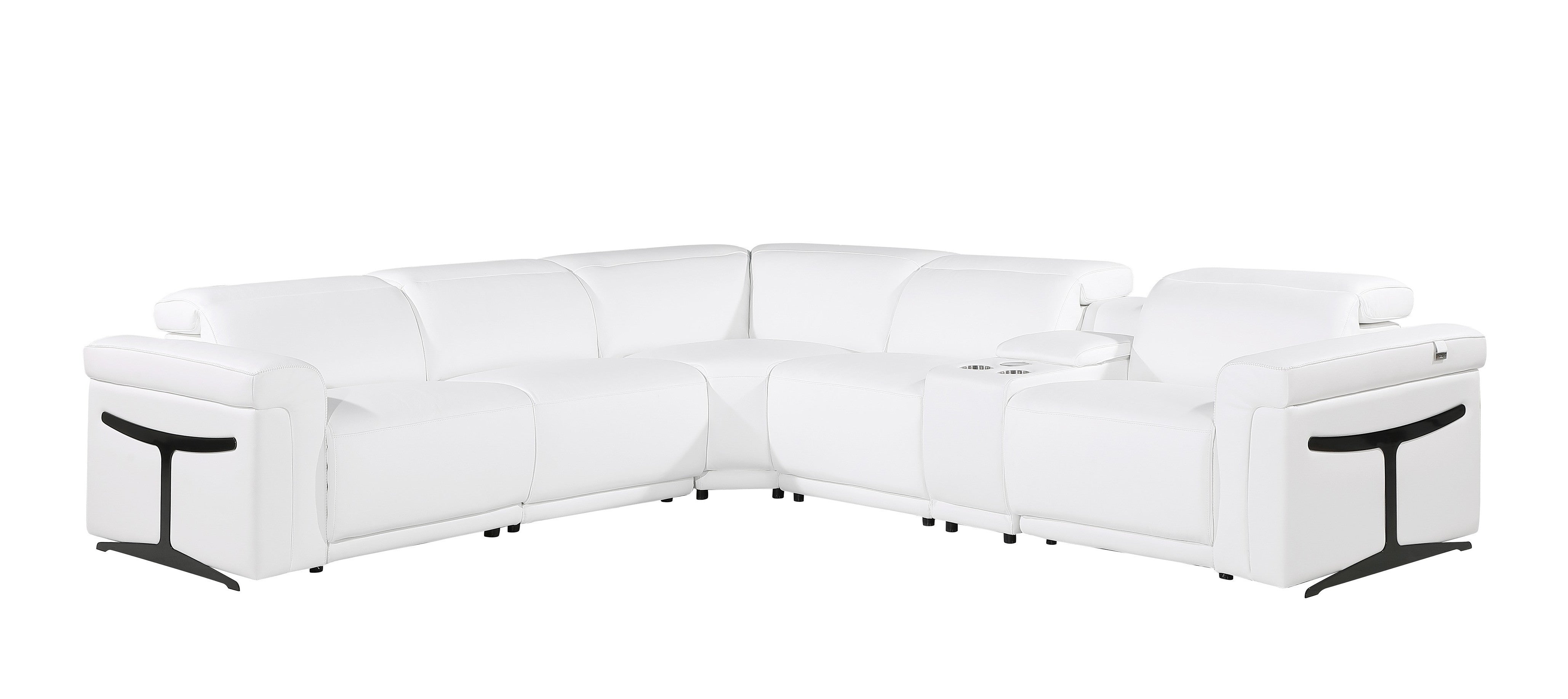 White Italian Leather Modular L Shaped Six Piece Corner Sectional With Console