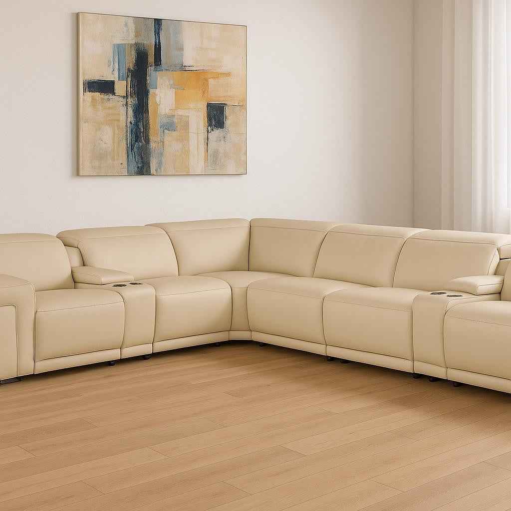 Beige Italian Leather Modular L Shaped Eight Piece Corner Sectional With Console