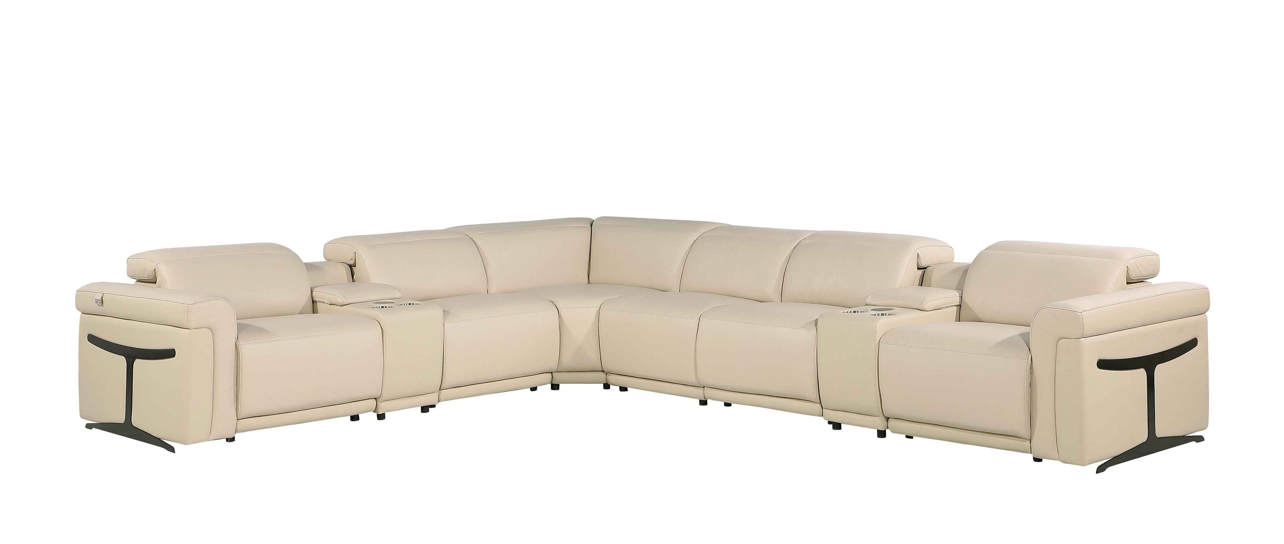 Beige Italian Leather Modular L Shaped Eight Piece Corner Sectional With Console