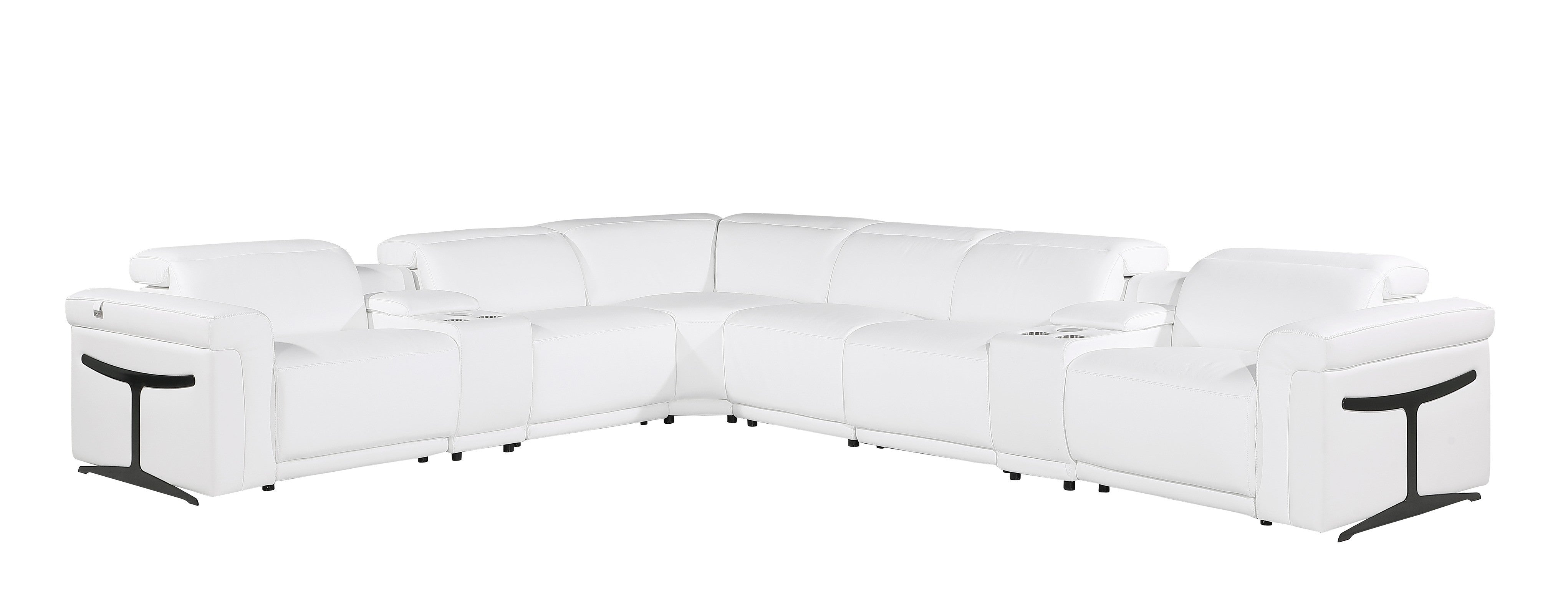 White Italian Leather Modular L Shaped Eight Piece Corner Sectional With Console