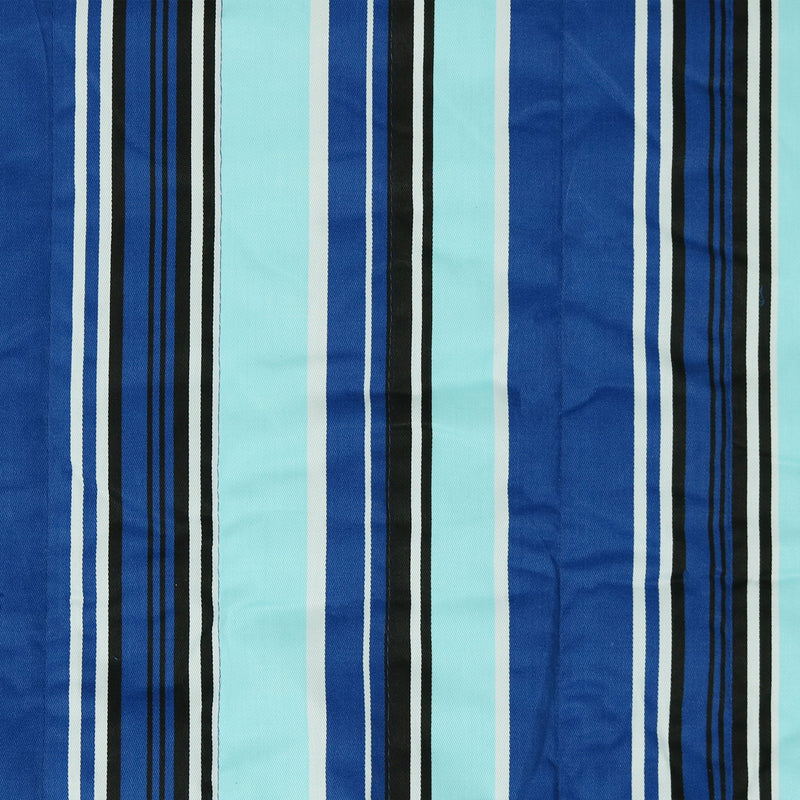 Close-up fabric of blue striped double hammock with light blue and dark navy bands