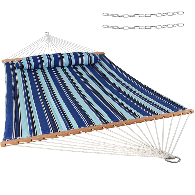 Blue and light blue striped double hammock with rolled headrest and white rope