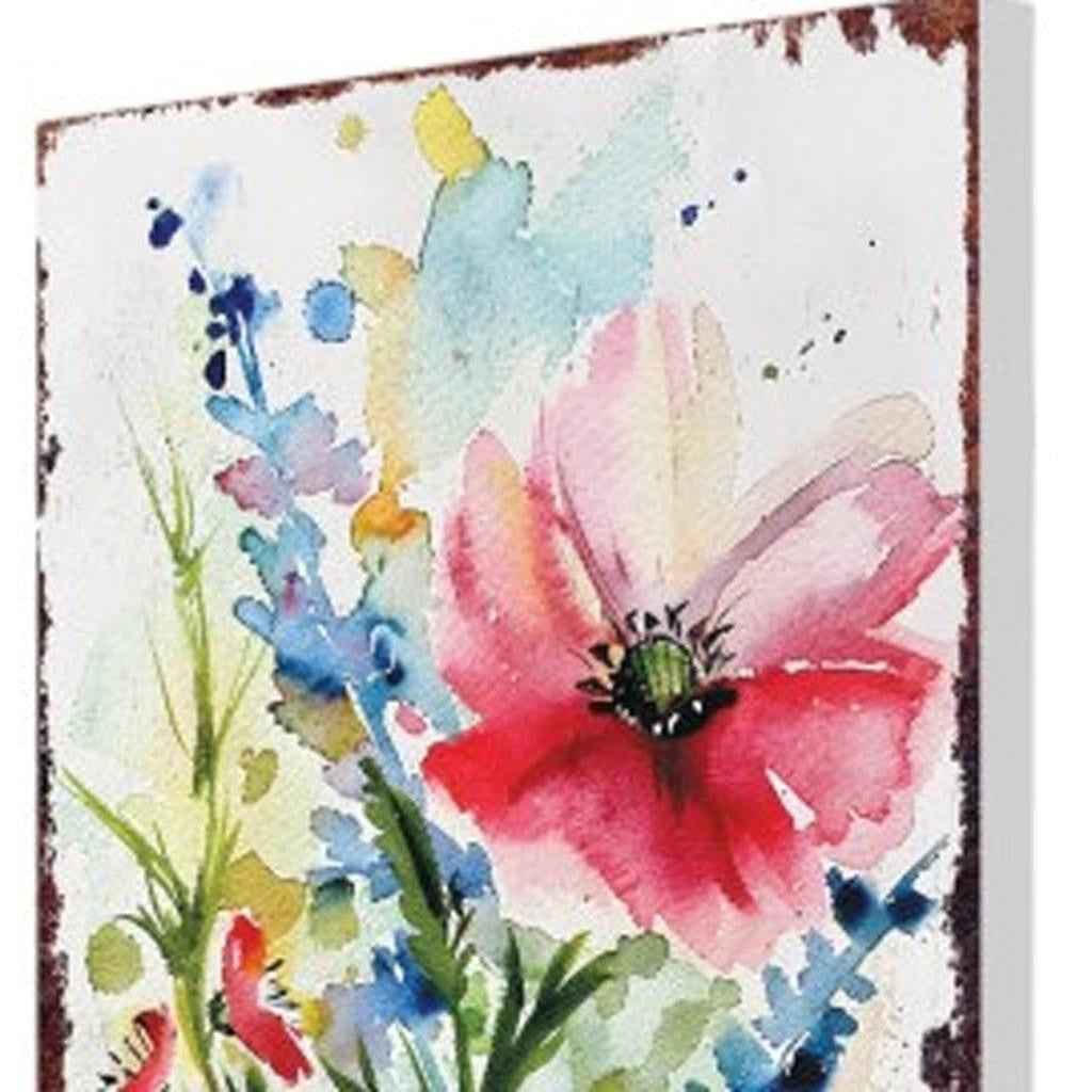 30" Blue Green Pink And White Solid Wood Watercolor Floral Garden Stake