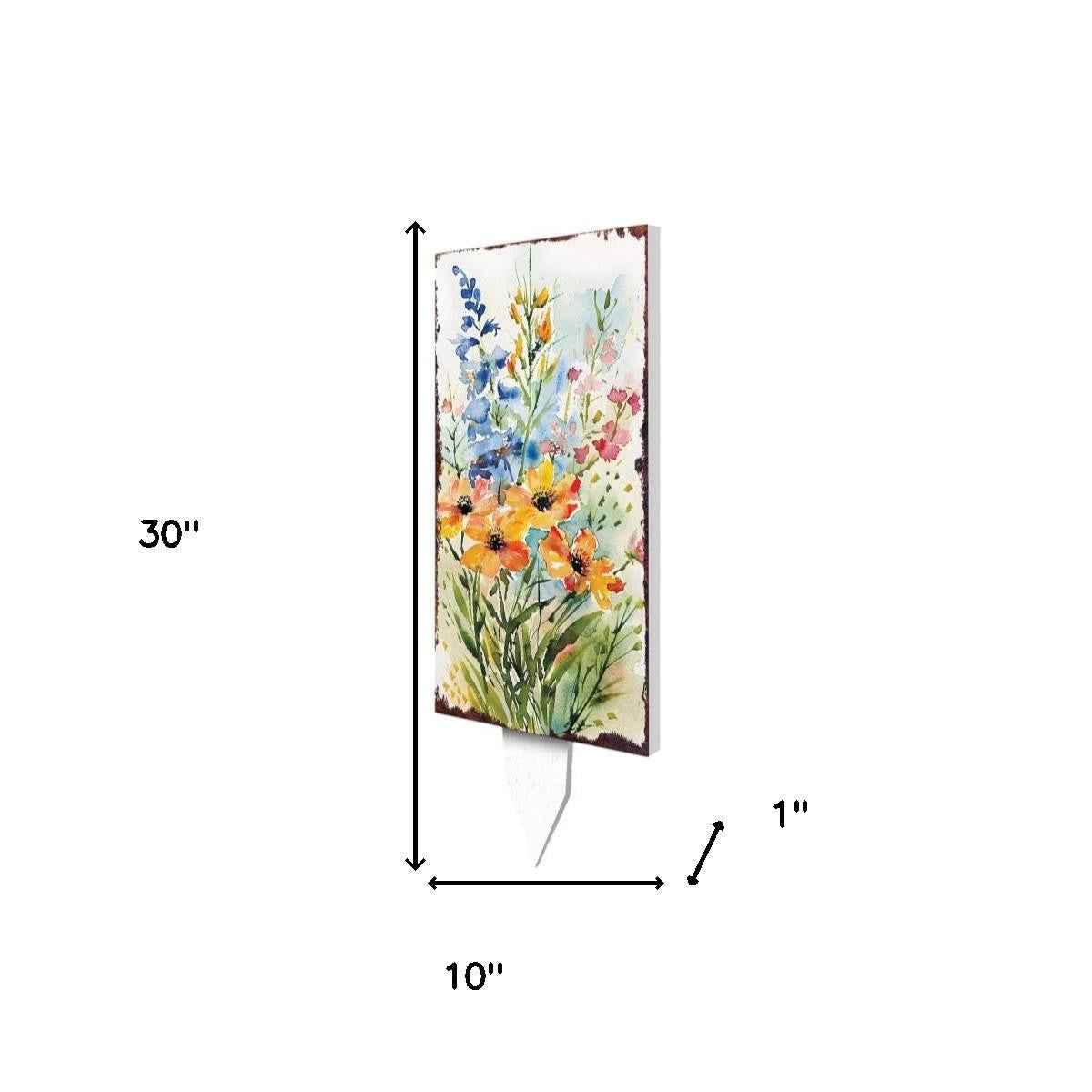 30" Blue Pink White And Yellow Solid Wood Watercolor Floral Garden Stake