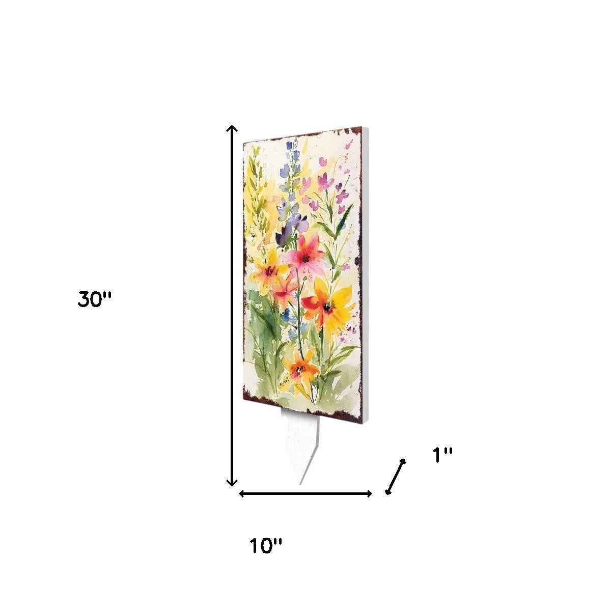 30" Green Pink White And Yellow Solid Wood Watercolor Floral Garden Stake