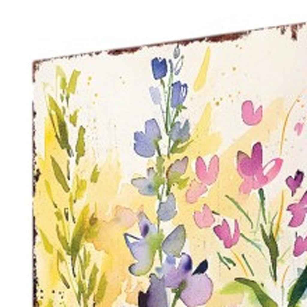 30" Green Pink White And Yellow Solid Wood Watercolor Floral Garden Stake