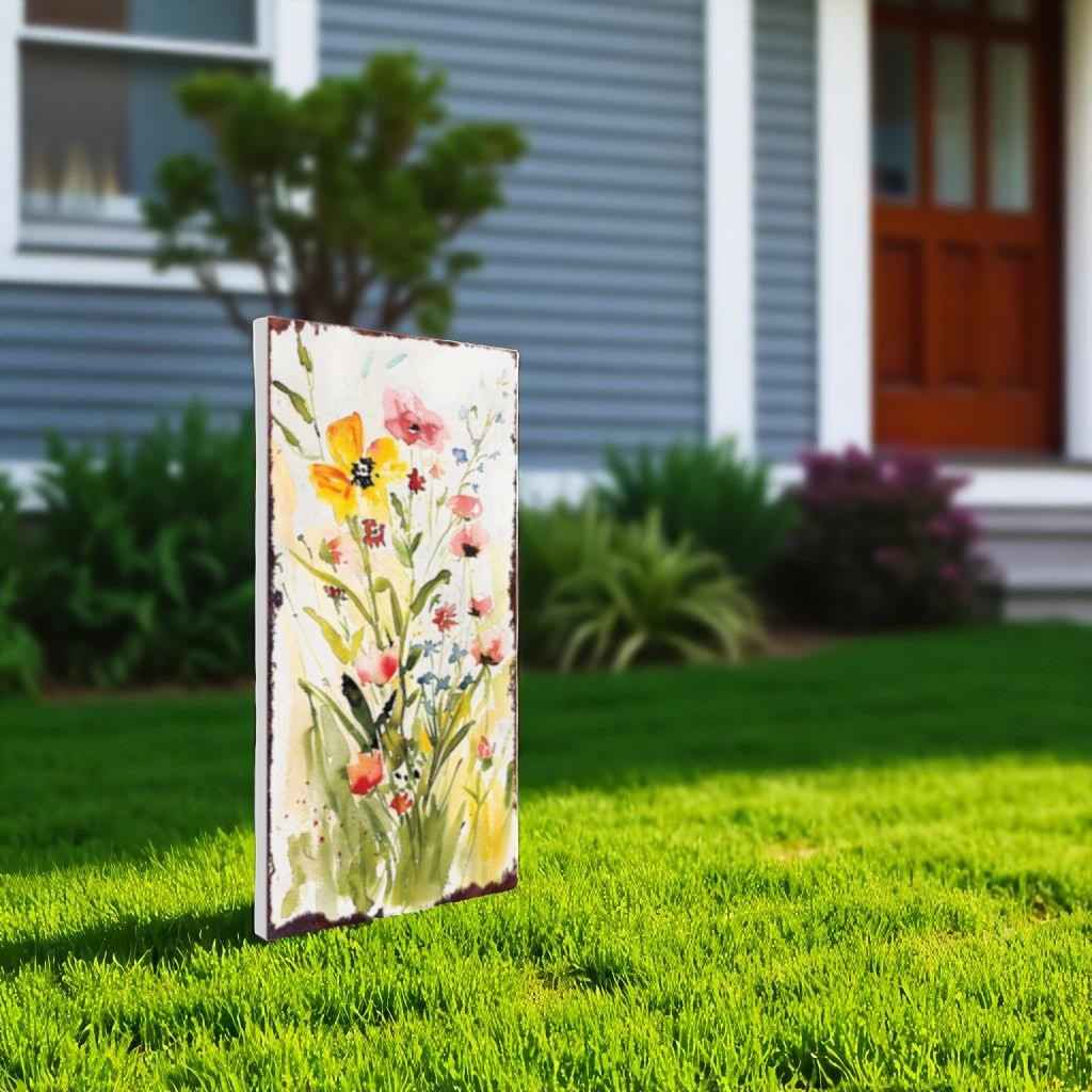 30" Green Pink White And Yellow Solid Wood Floral Bouquet Garden Stake