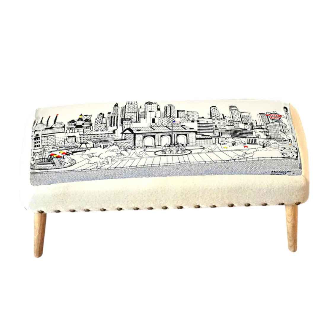 38" Cream Wool And Brown Ottoman