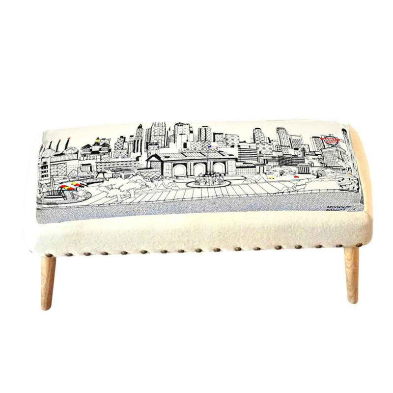 38" Cream Wool And Brown Ottoman