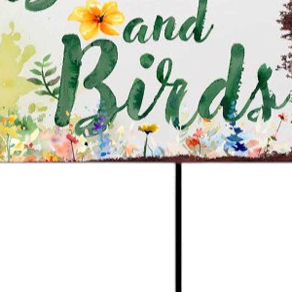 32" Green Pink And White Solid Wood Floral Bouquet Birds Garden Stake