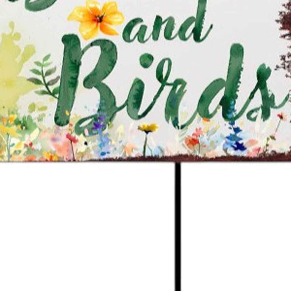 32" Green Pink And White Solid Wood Floral Bouquet Birds Garden Stake