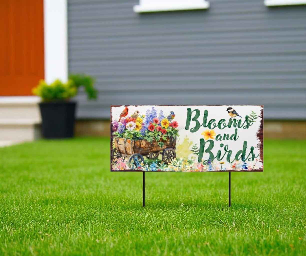 32" Green Pink And White Solid Wood Floral Bouquet Birds Garden Stake