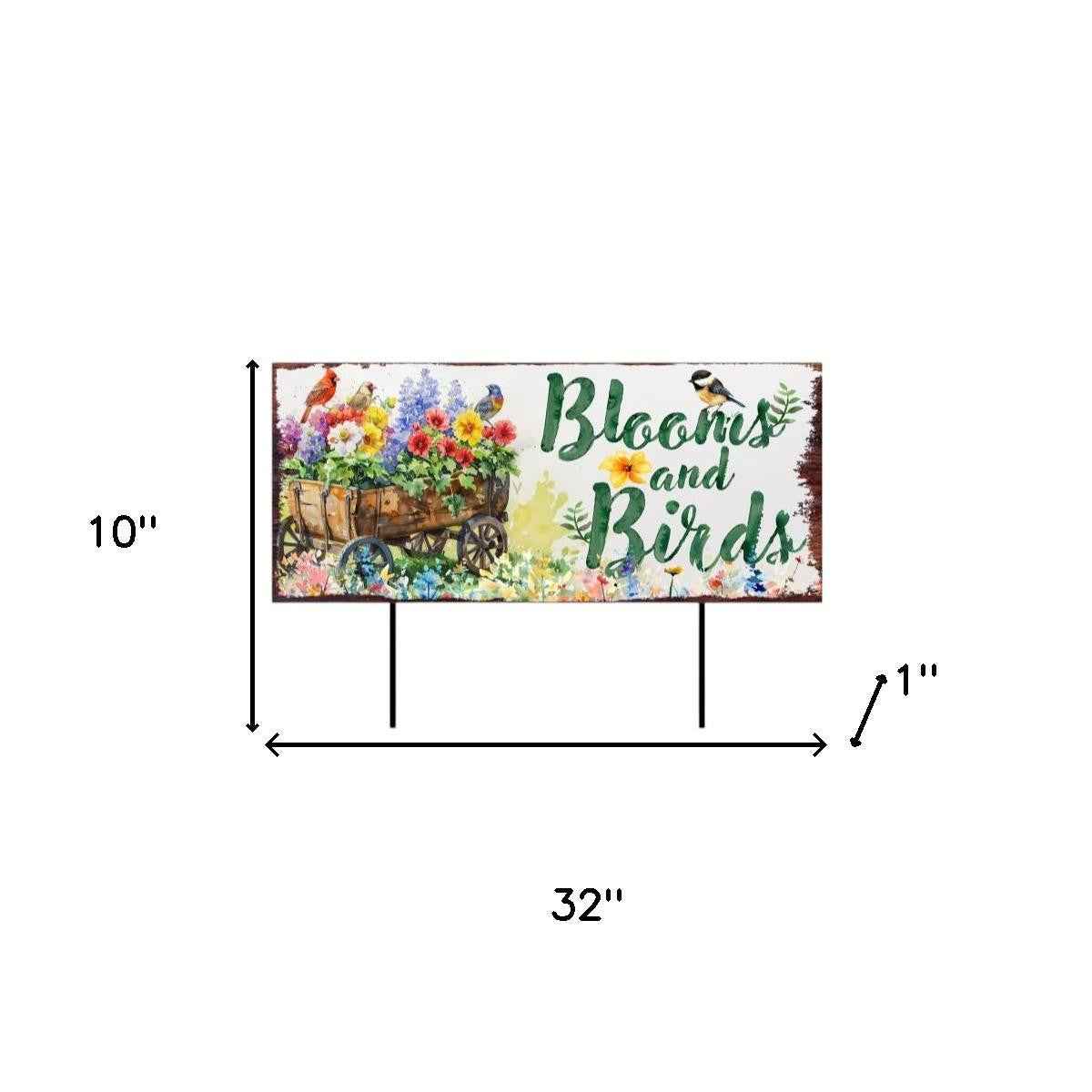 32" Green Pink And White Solid Wood Floral Bouquet Birds Garden Stake