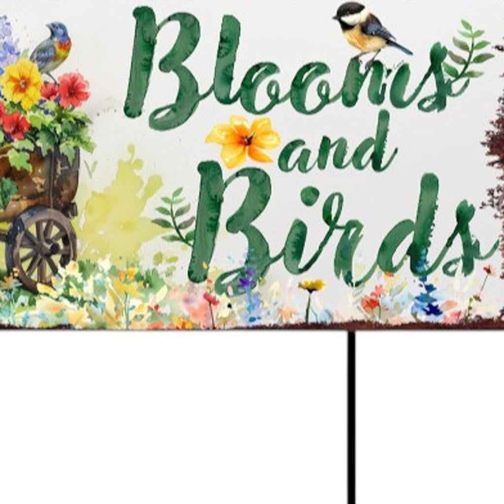 32" Green Pink And White Solid Wood Floral Bouquet Birds Garden Stake