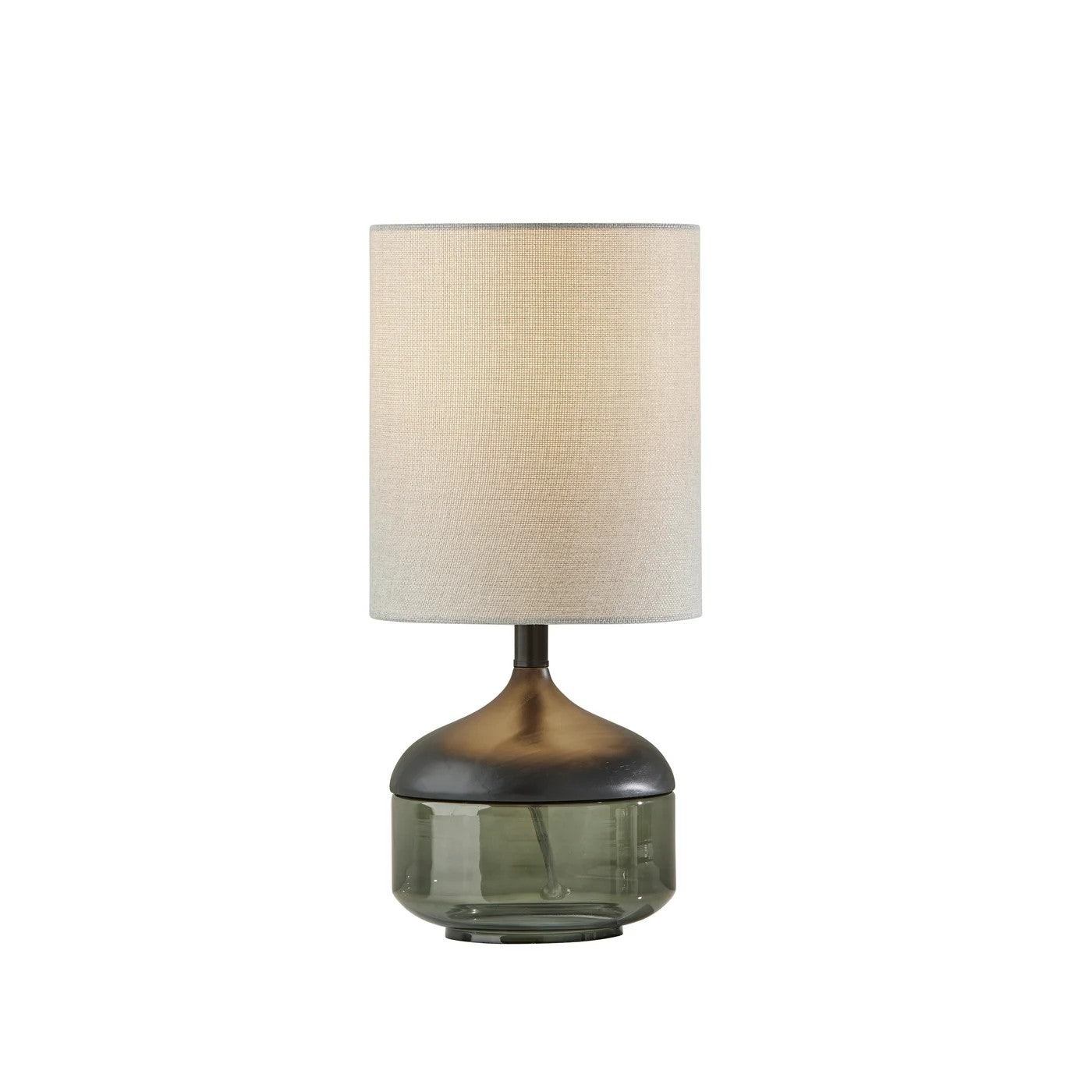 Stylish green glass table lamp with a beige fabric shade and a metallic bronze base for modern home decor.