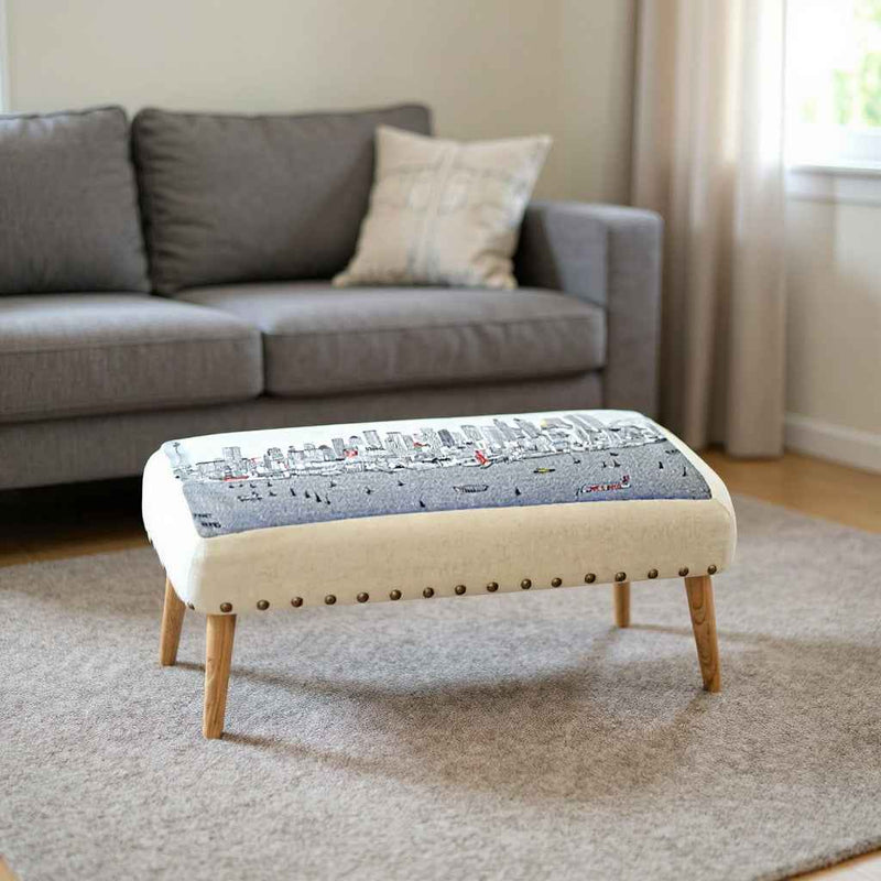 38" Cream Wool and Brown Ottoman