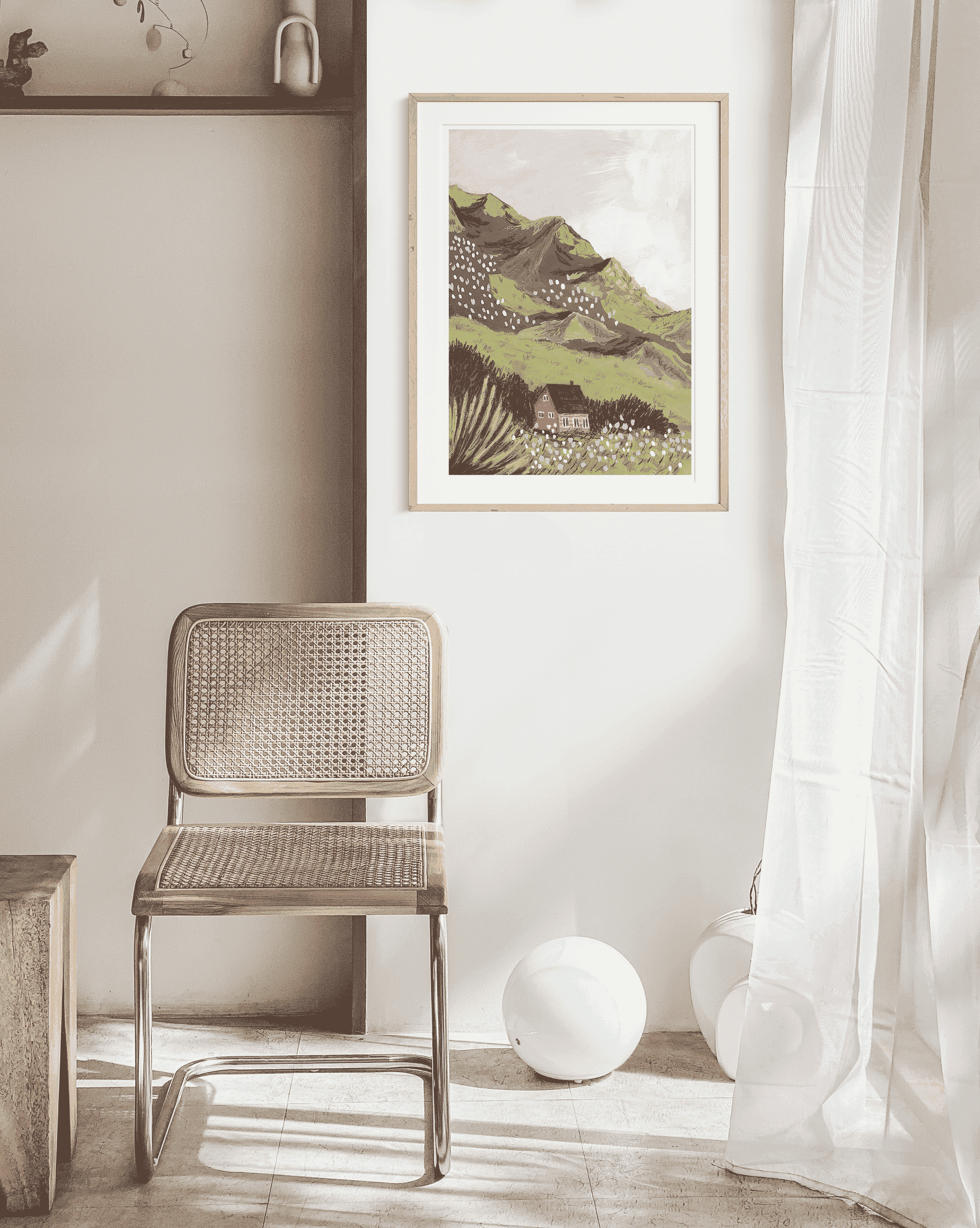 Woven rattan-style chair with curved back, tan seat, and silver metal frame.