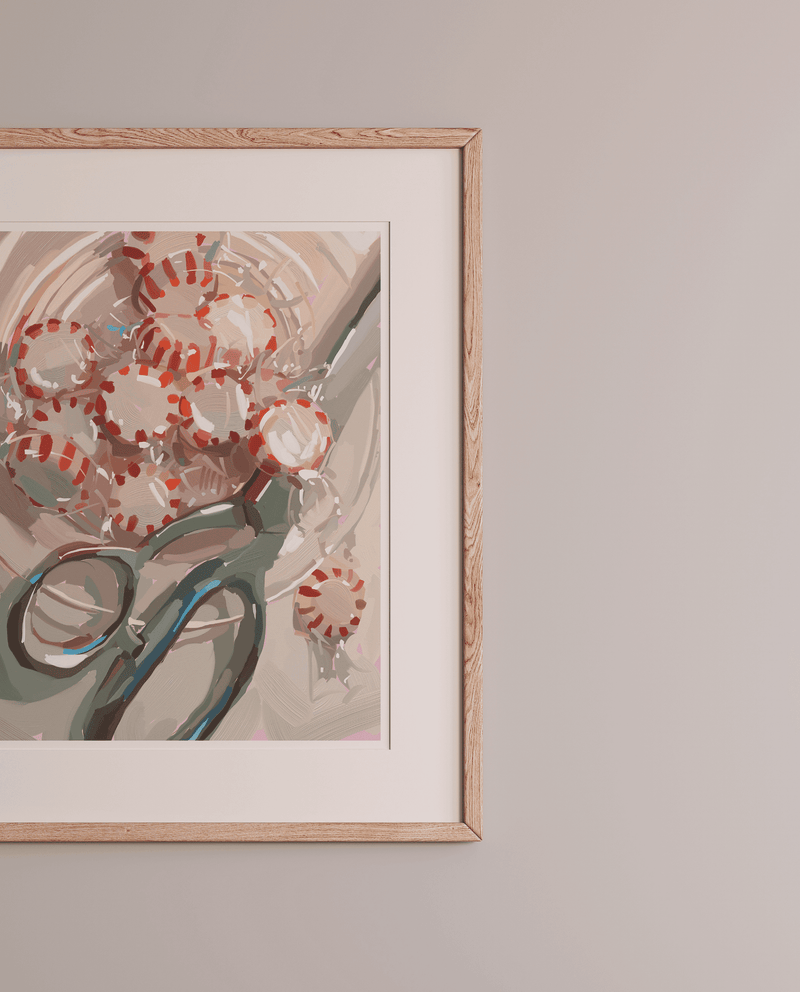 Wood-framed peppermint pile art print corner with abstract peppermint and scissors