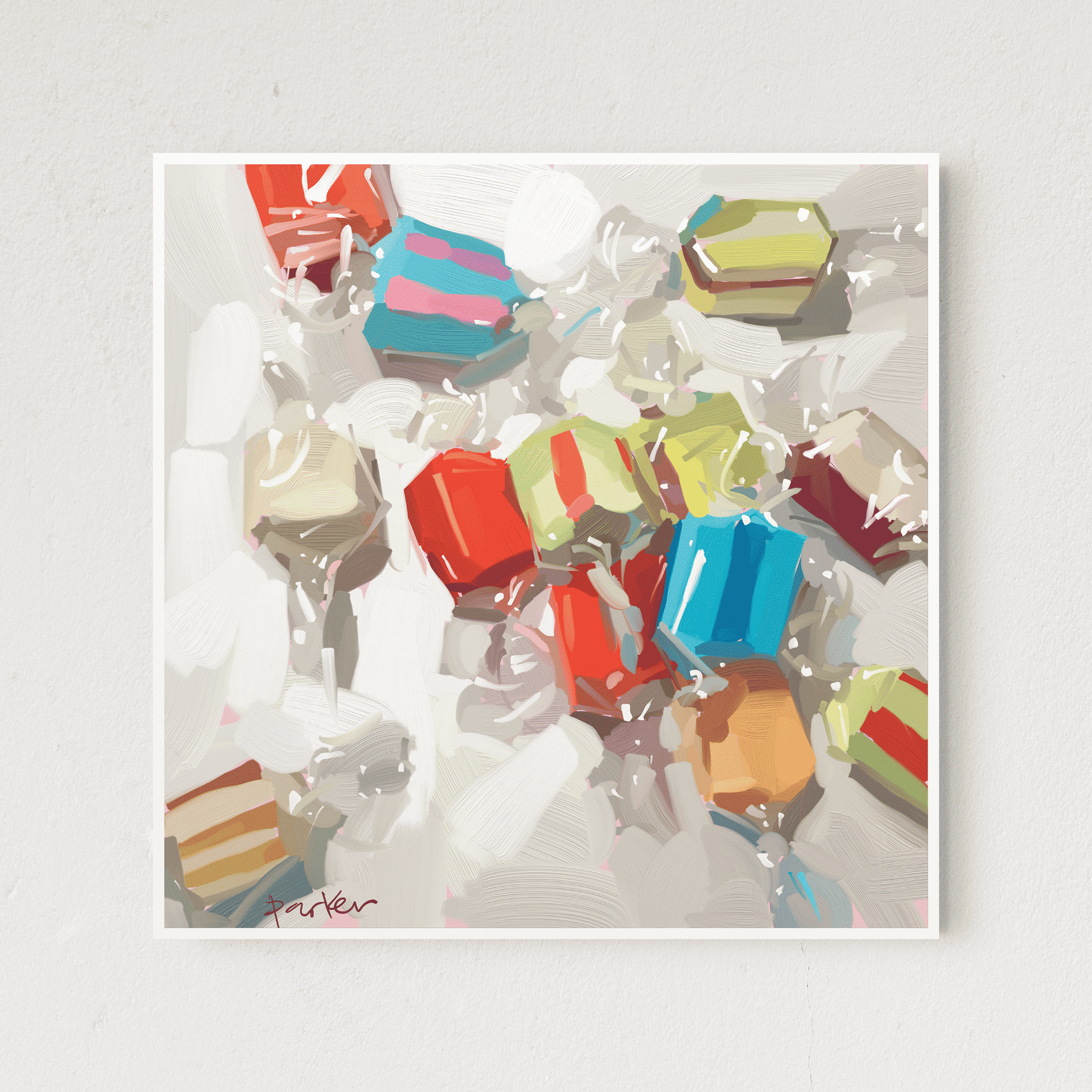 Abstract multicolor candy artwork print in frame, close-up view with signature