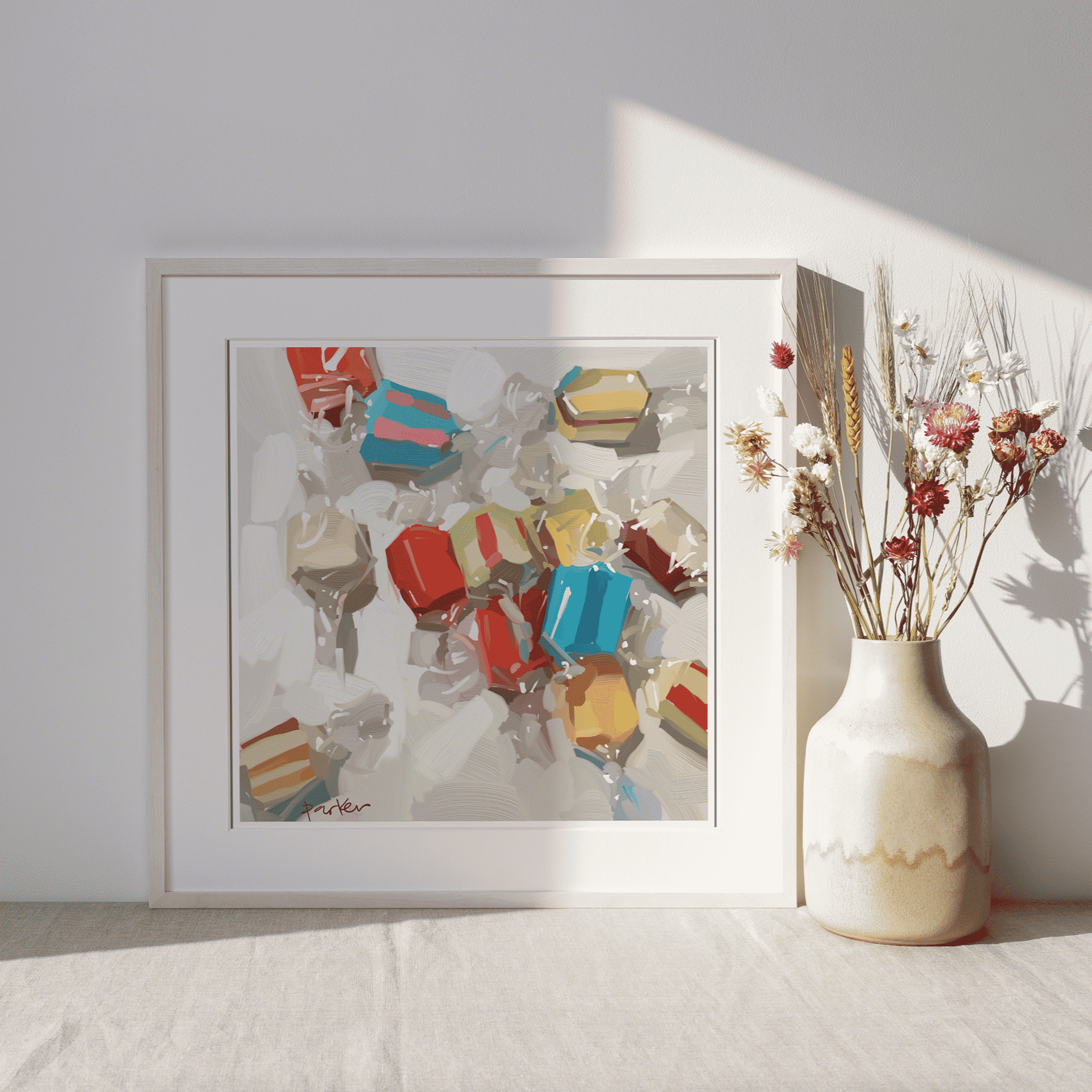Framed abstract multicolor candy artwork print, full view with colorful center