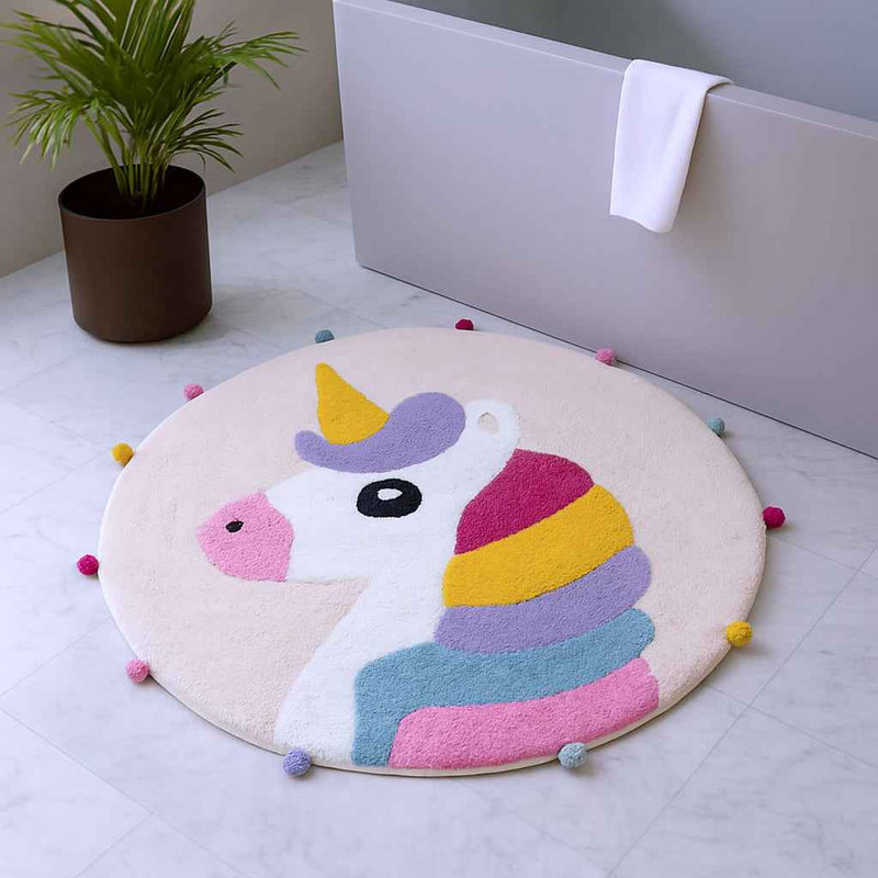 32" Pink And Yellow Cotton Unicorns Round Youthful Bath Rug
