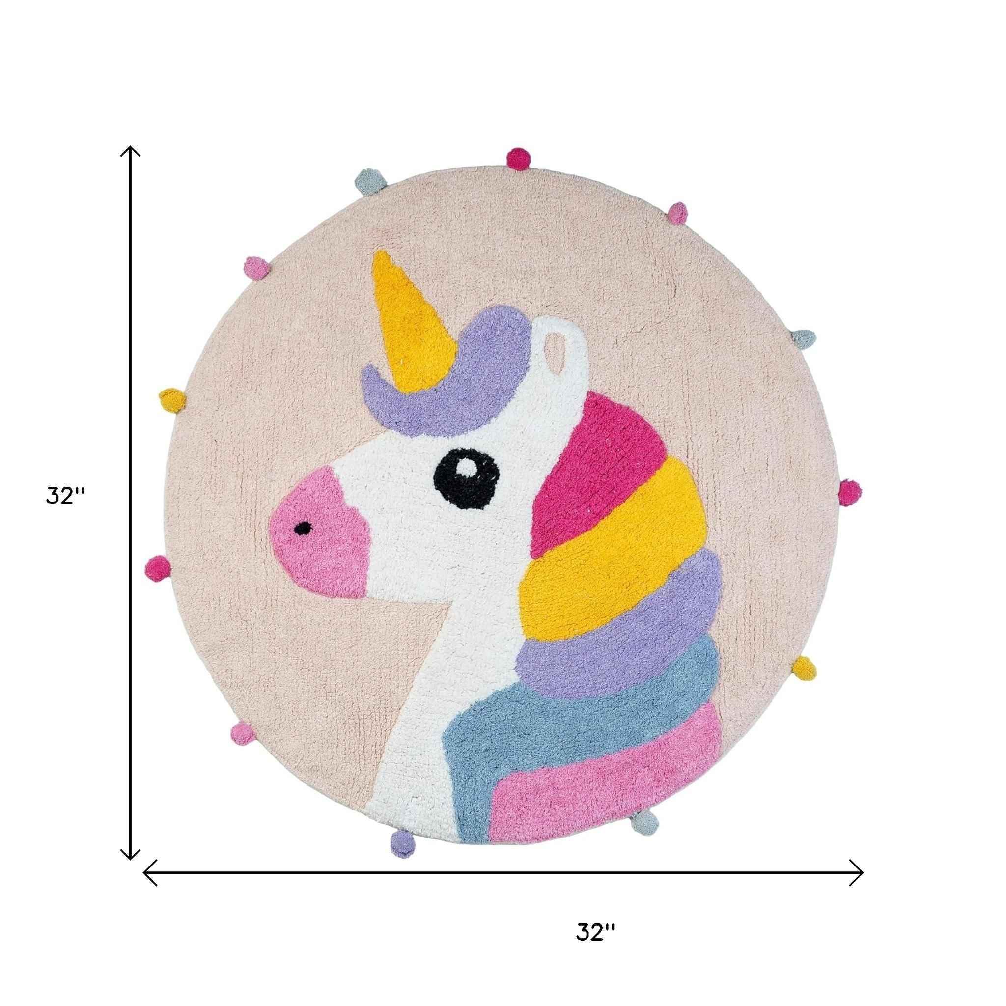 32" Pink And Yellow Cotton Unicorns Round Youthful Bath Rug