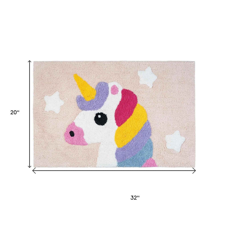 32" Pink And Yellow Cotton Unicorns Youthful Bath Rug