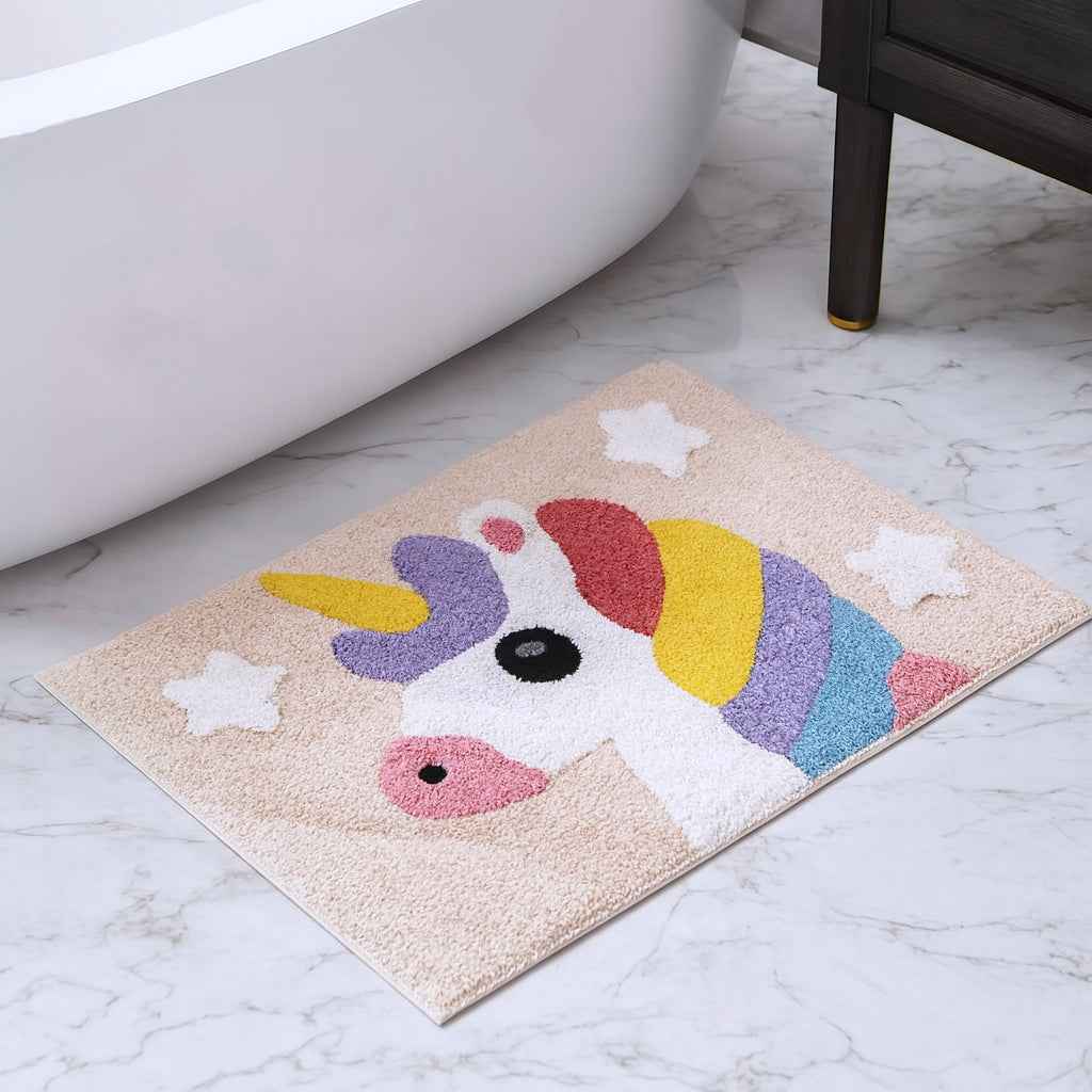32" Pink And Yellow Cotton Unicorns Youthful Bath Rug