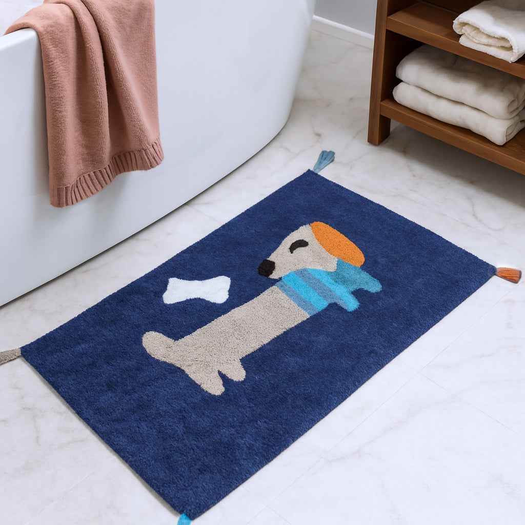 32" Blue Orange And White Cotton Dog Youthful Bath Rug