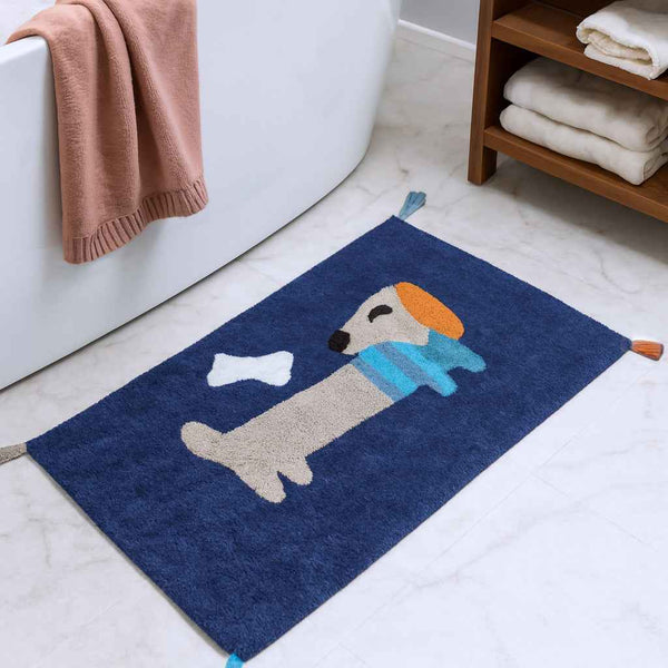 32" Blue Orange And White Cotton Dog Youthful Bath Rug