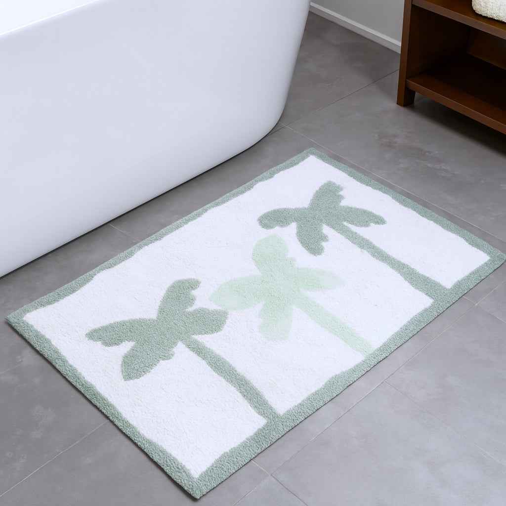 32" Green And White Cotton Palm Trees Bath Rug