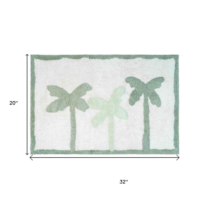 32" Green And White Cotton Palm Trees Bath Rug