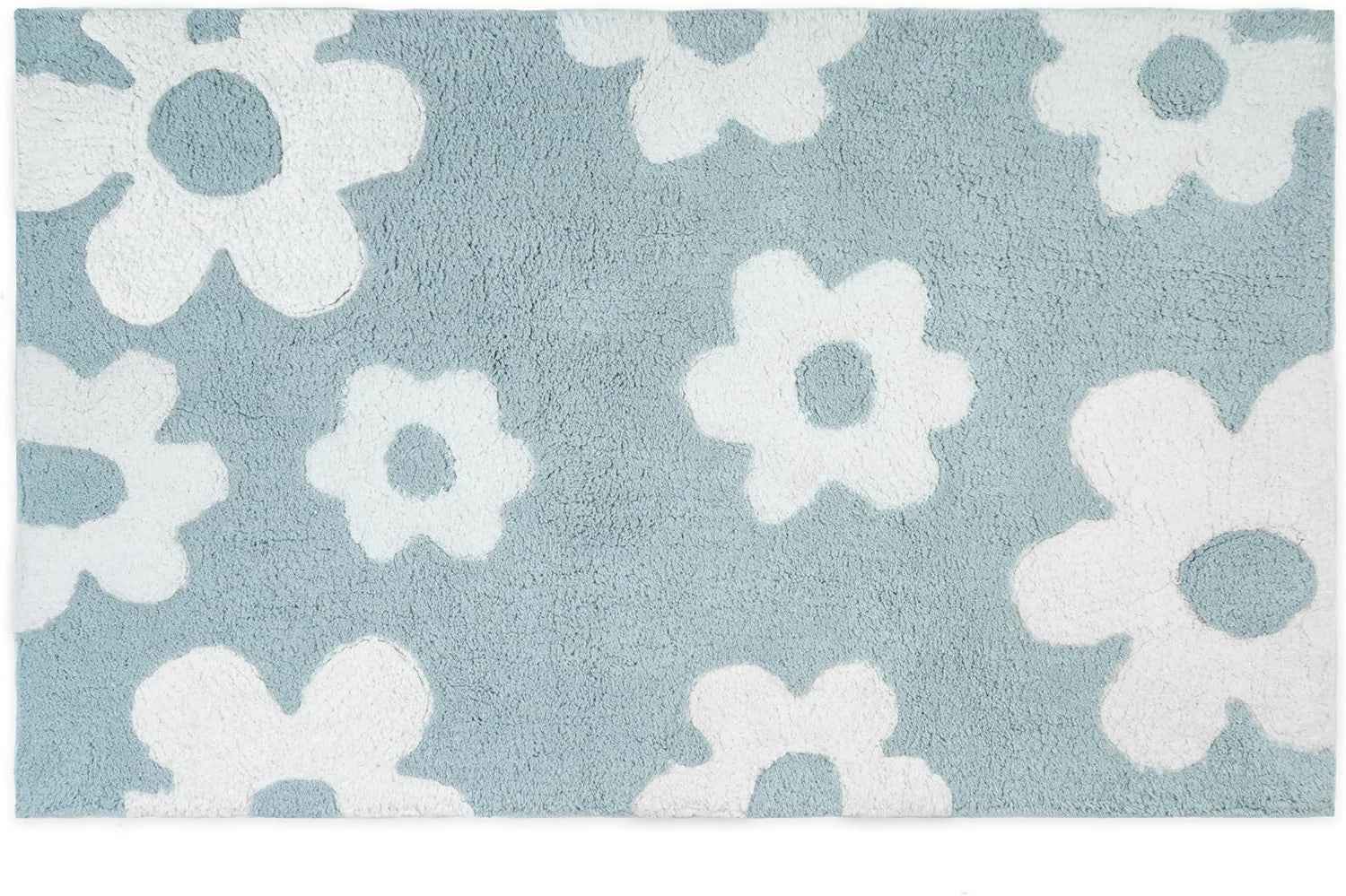 32" Blue And White Cotton Floral Bath Rug