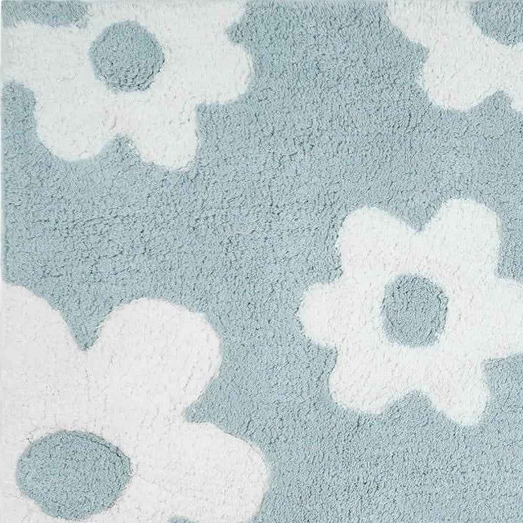 32" Blue And White Cotton Floral Bath Rug