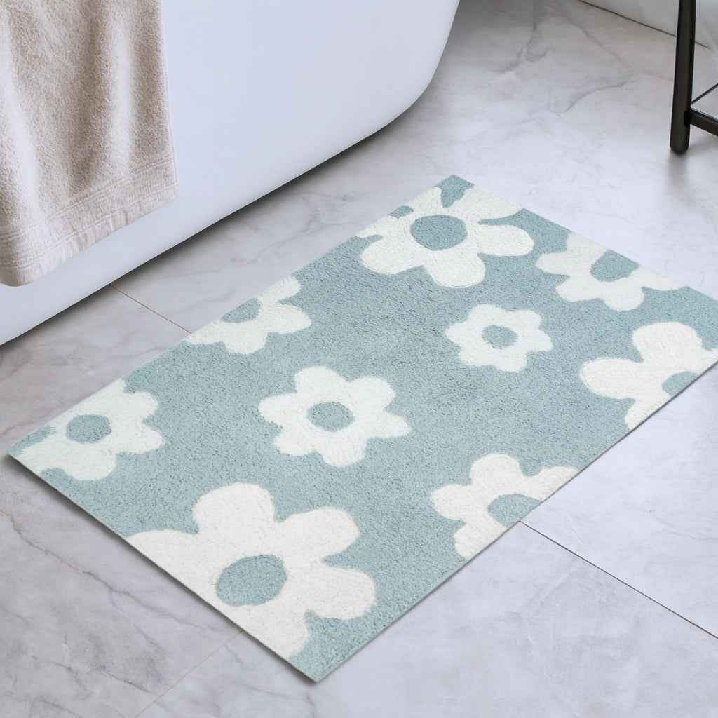32" Blue And White Cotton Floral Bath Rug