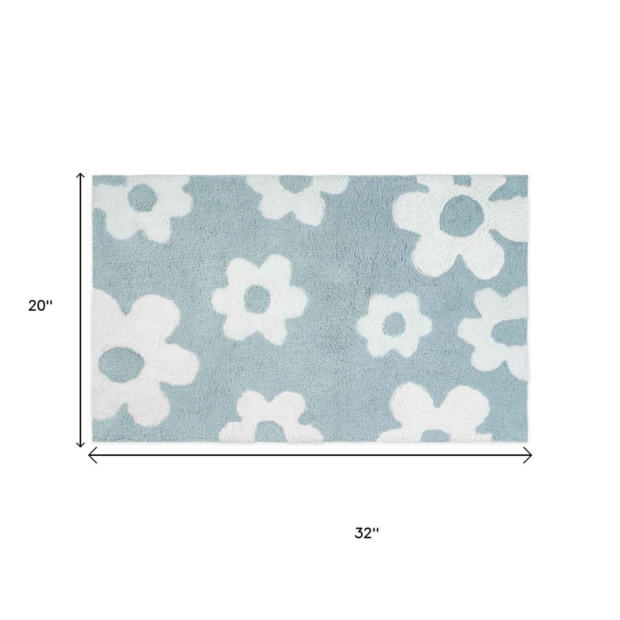 32" Blue And White Cotton Floral Bath Rug