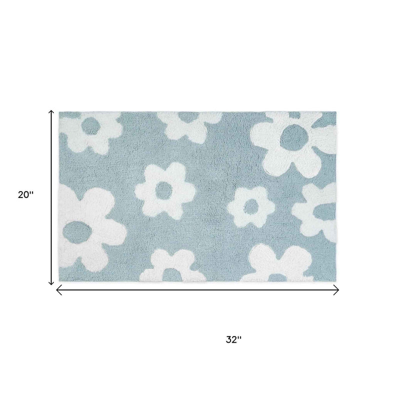 32" Blue And White Cotton Floral Bath Rug