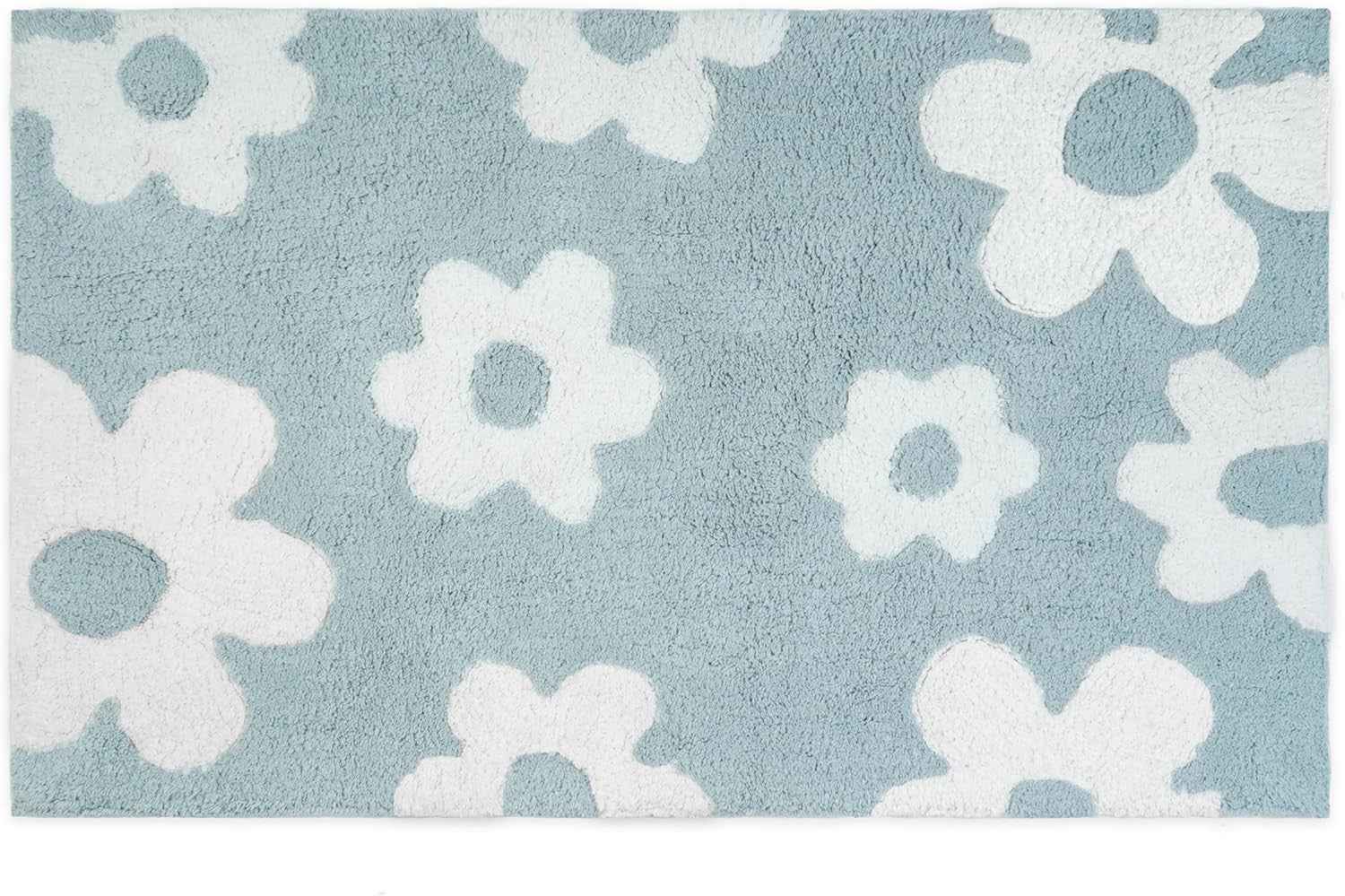 32" Blue And White Cotton Floral Bath Rug