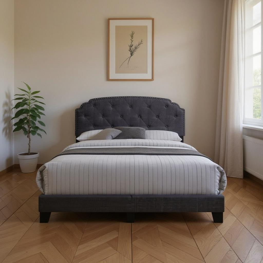 Gray Wood And Tufted Linen Queen Bed Frame with Nailhead Trim - Bed & Bath