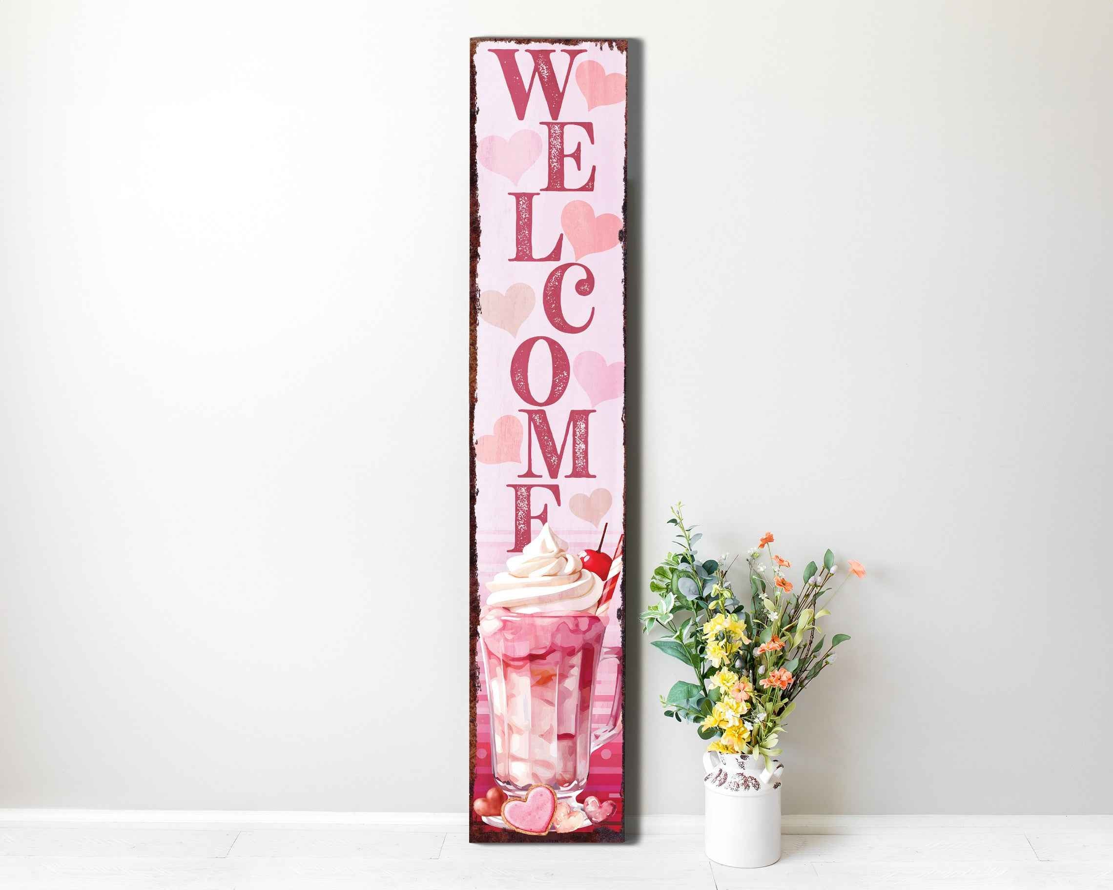 48" Pink Solid Wood Hearts Welcome Porch Sign