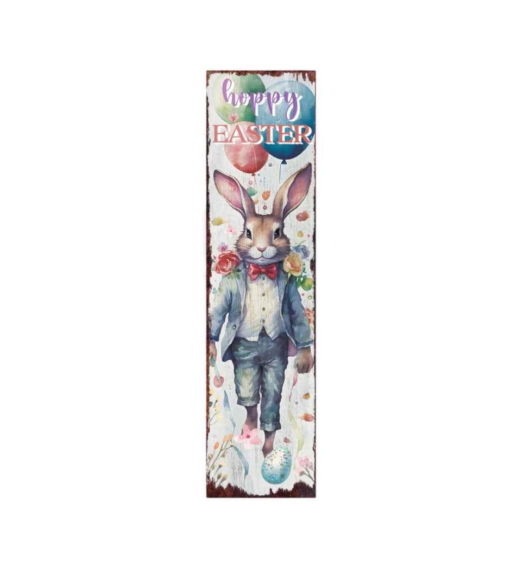 36" White And Blue Solid Wood Happy Easter Bunny Porch Sign