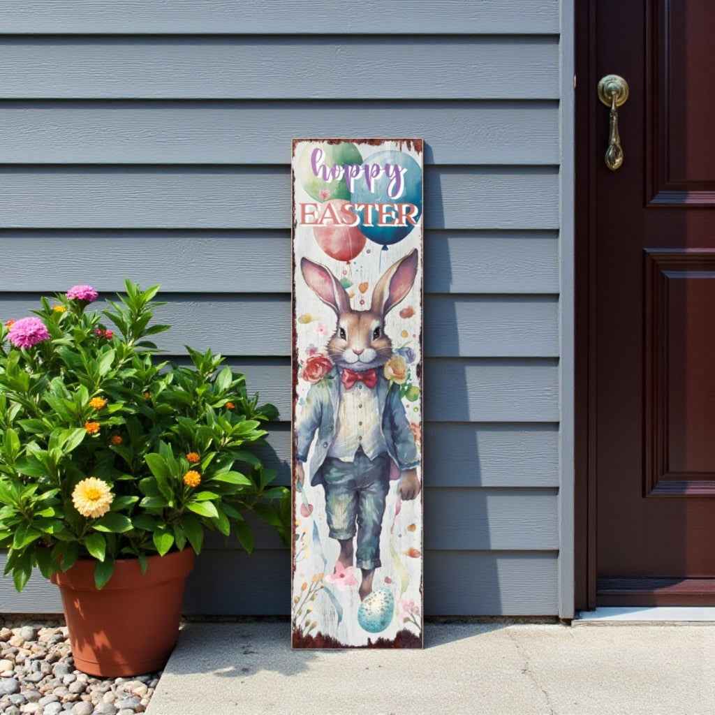 36" White And Blue Solid Wood Happy Easter Bunny Porch Sign