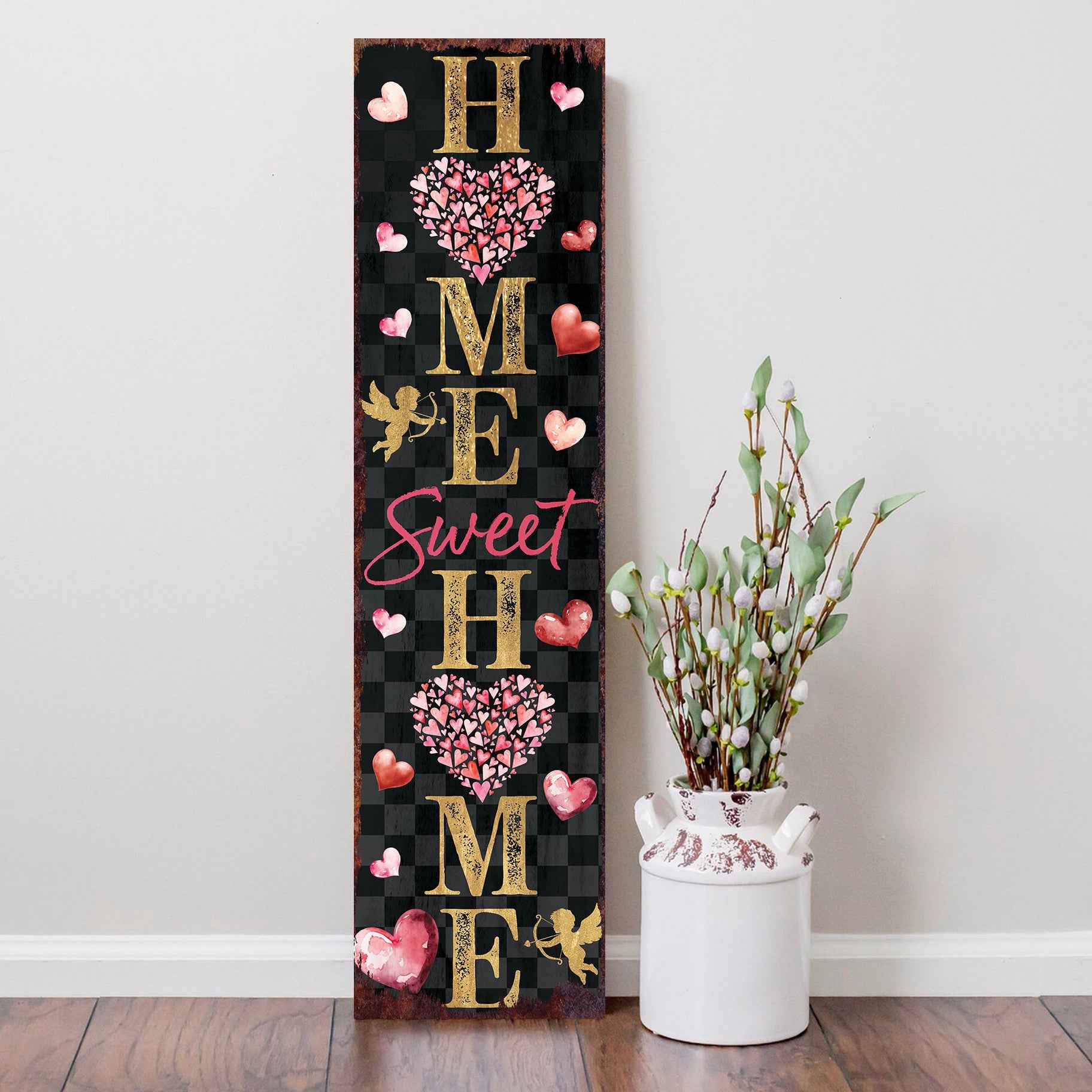 36" Black Gold And Pink Solid Wood Home Sweet Valentine's Day Porch Sign