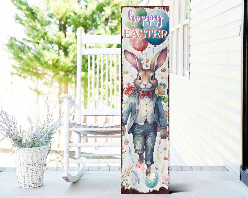 36" White And Blue Solid Wood Happy Easter Bunny Porch Sign