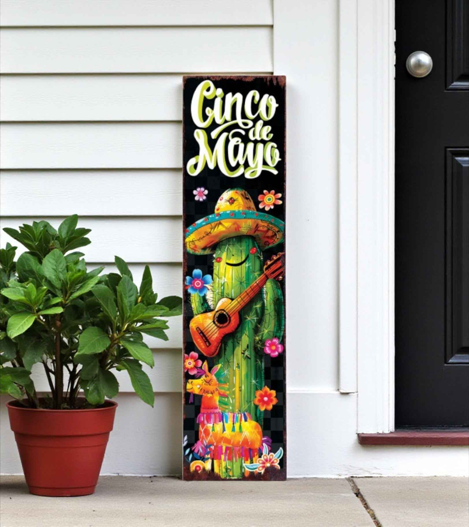 36" Black Green And Orange Solid Wood Cinco de Mayo Tree Porch Sign