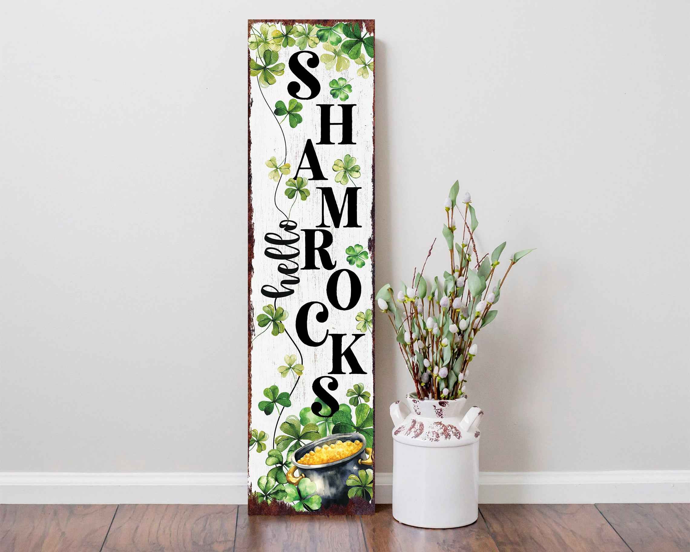 36" Gold Green And White Solid Wood Hello St Patrick's Day Shamrock Porch Sign