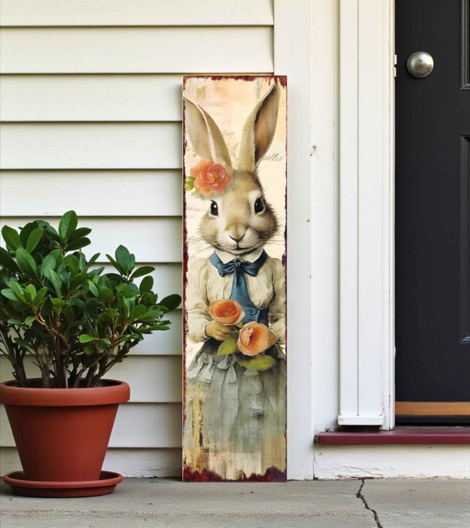 36" Off White And Blue Solid Wood Bunny Porch Sign